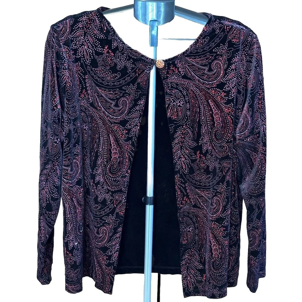 Notations Womans 2X Black Red Paisley Glitter Long Sleeve Cardigan Holiday Party